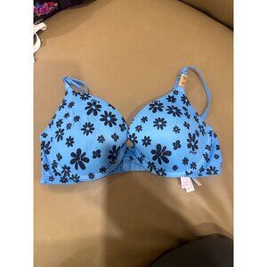 Pink Victorias Secret Blue Floral Push-Up Bra 32C With Adjustable Straps & Pink
